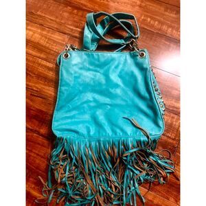 IMOSHION Vgn Leather Turquoise Gold Studded Fringe Boho Shoulder Crossbody Purse